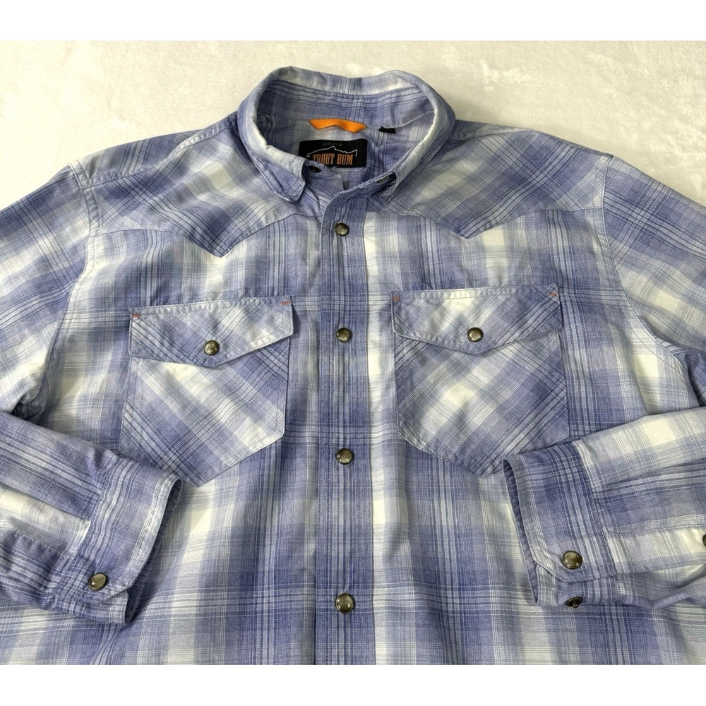 Orvis Trout Bum Shirt Mens Medium Blue Plaid Pearl Snap Western Rodeo Fishing